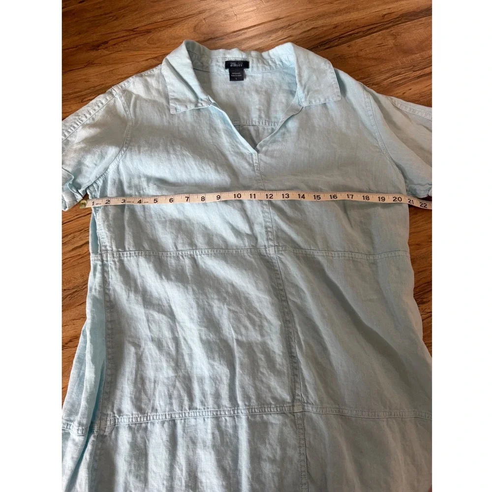Pure Amici Light Blue 100% Linen Short Sleeve V-Neck Shift Dress L